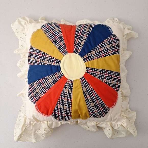 Vintage Handmade Patchwork Quilted Pillow DOUBLE SIDED Flower Pattern 12 x 12 - Picture 7 of 12